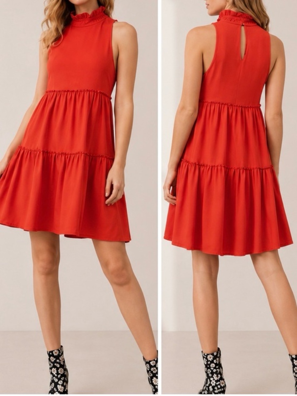 Elliatt Red Ruffle High Neck Sleeveless Tiered Holiday Wedding Swing Mini Dress